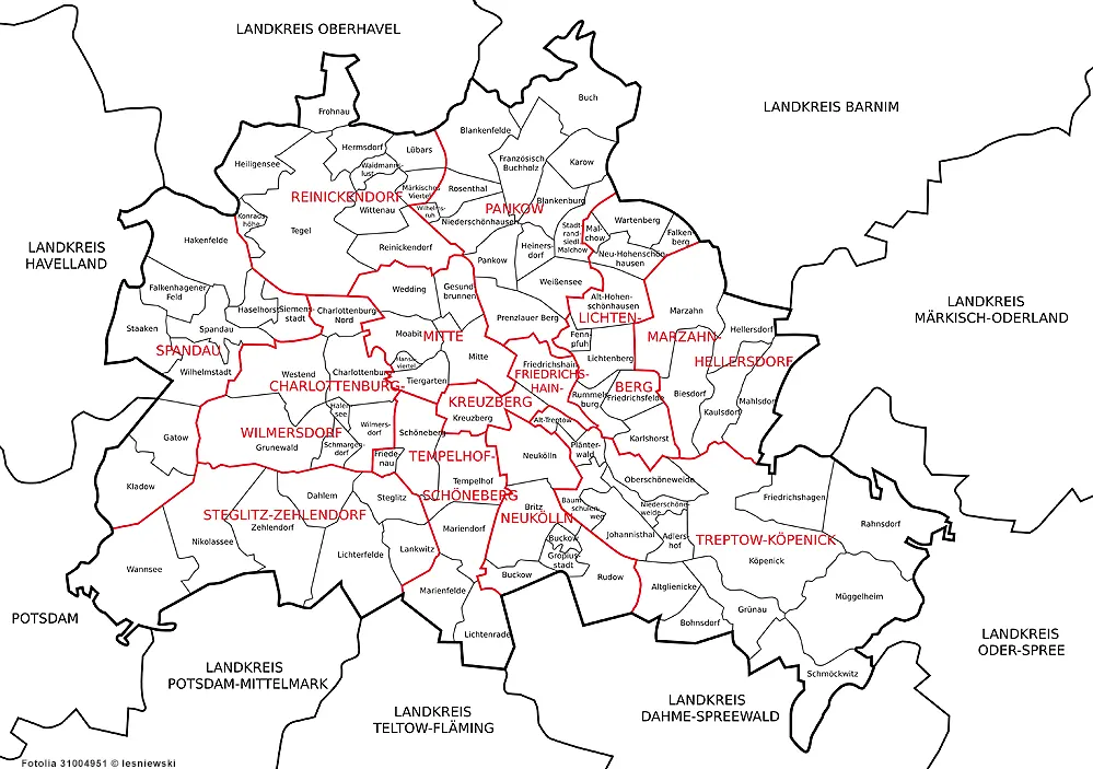 Landkarte von Berlin - Stadtteile und Bezirke