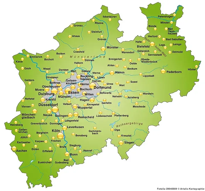 Karte von Nordrhein-Westfalen NRW mit Städten